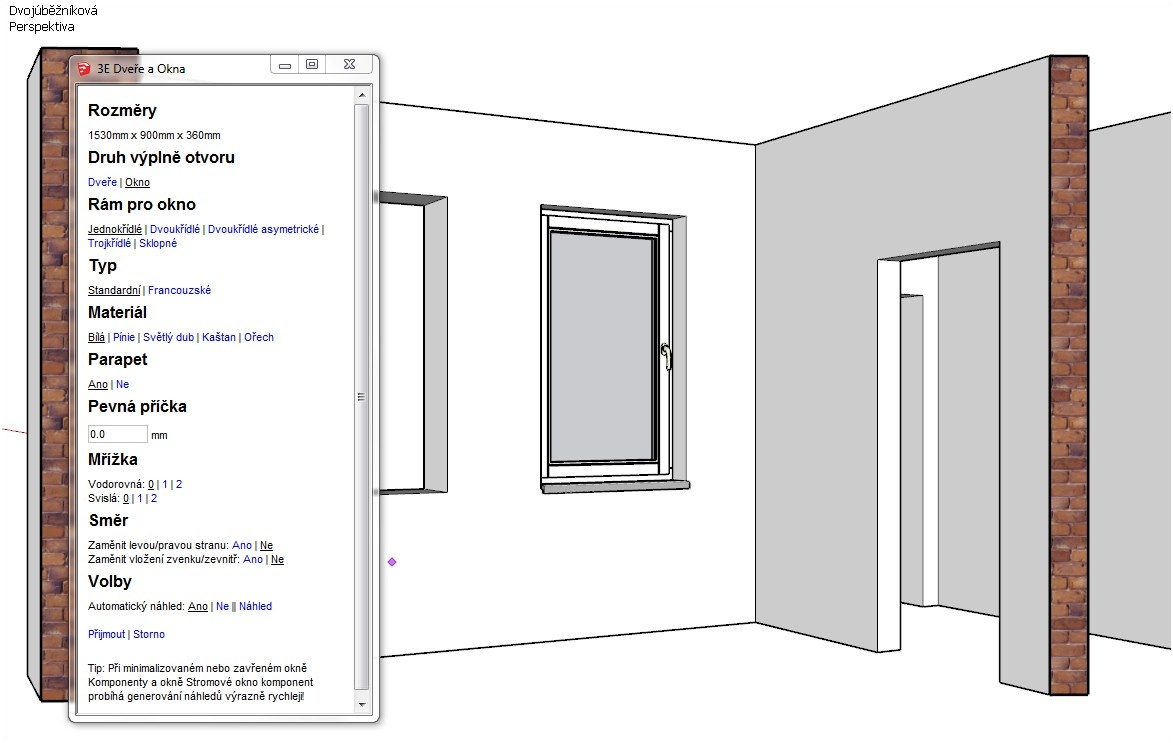 Výplně otvorů pomocí pluginu 3E Dveře & Okna pro SketchUp